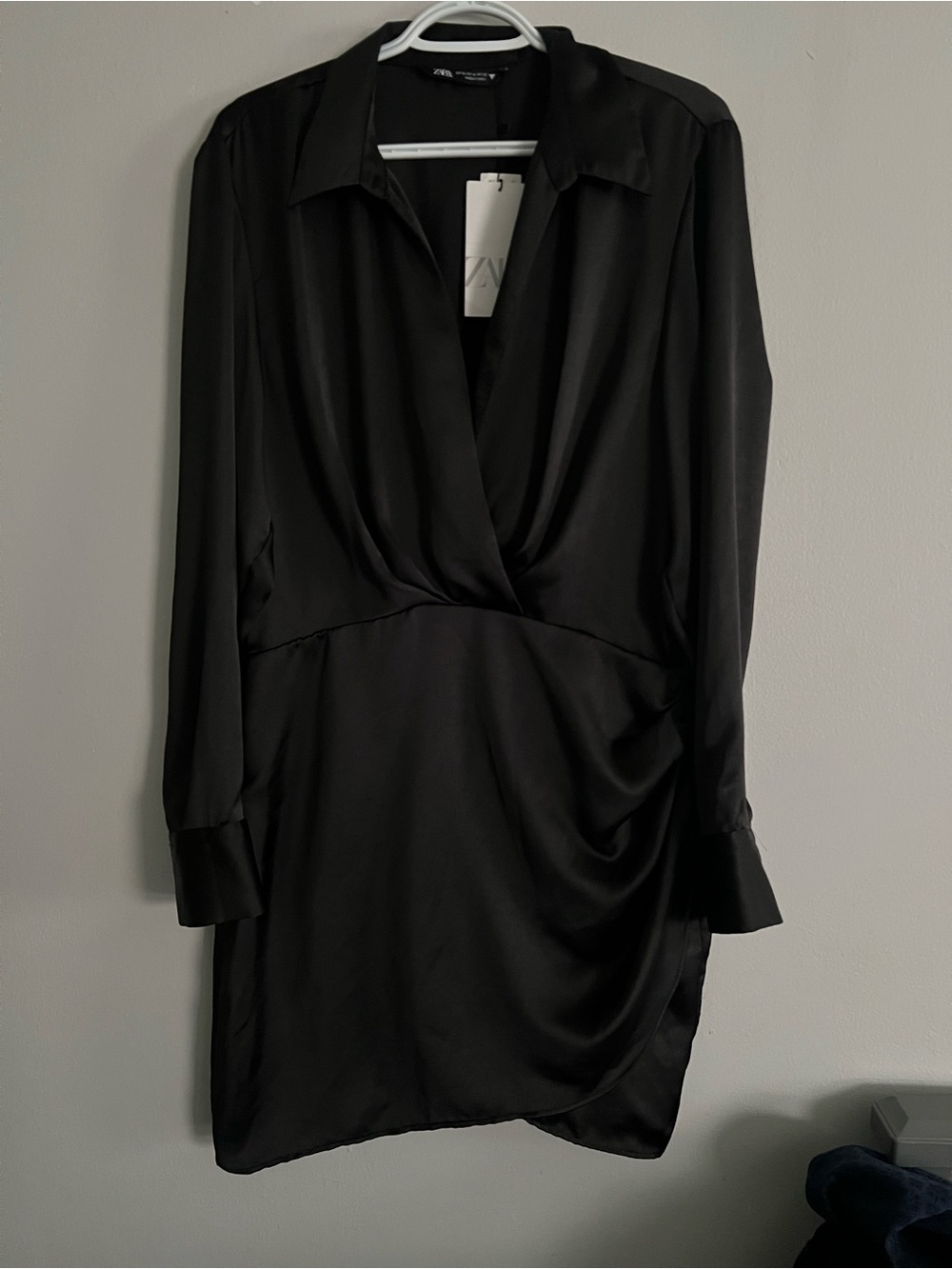 Zara Black Satin Long-Sleeve Dress